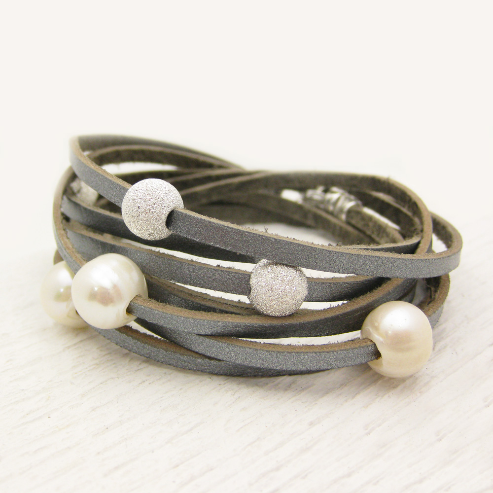Silver Leather Wrap Bracelet with Sterling and Pearl