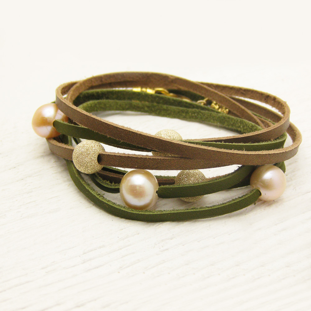 Gold and Bronze Leather Wrap Bracelet with Peach Pearl