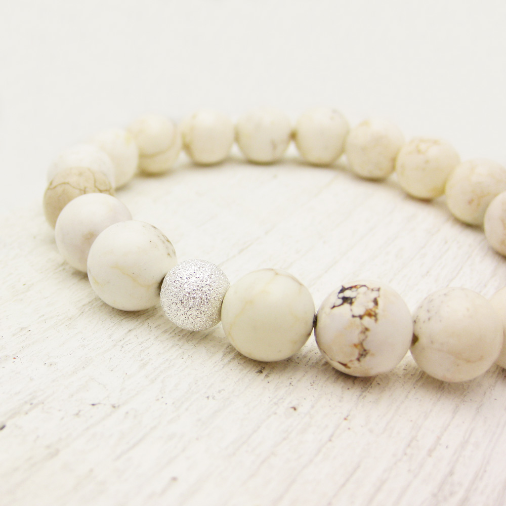 White Turquoise Bead Bracelet w/ Sterling Silver Stardust Ball