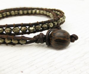 Pyrite Leather Wrap Bracelet with Coconut Wood and 100% Silk