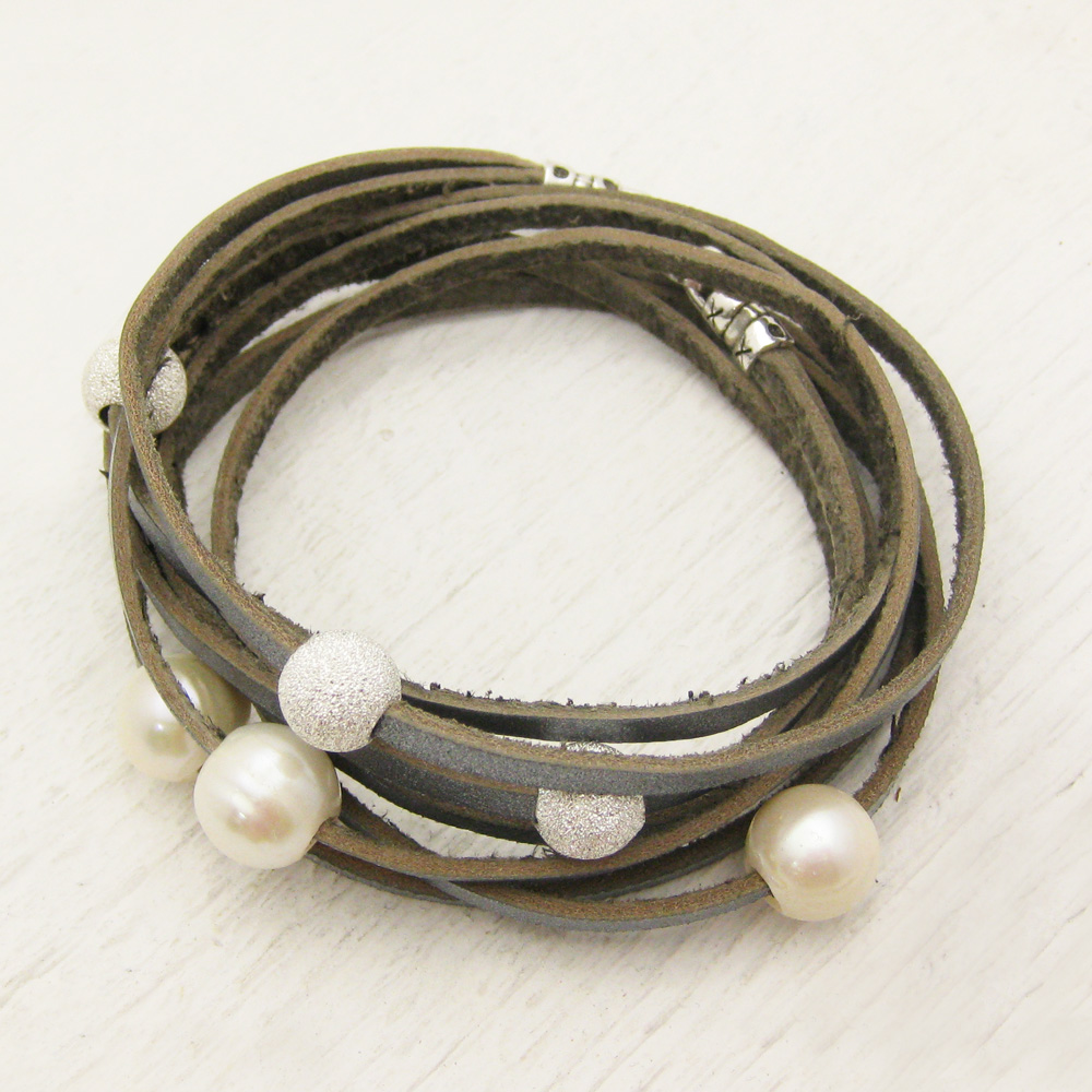 Silver Leather Wrap Bracelet with Sterling and Pearl