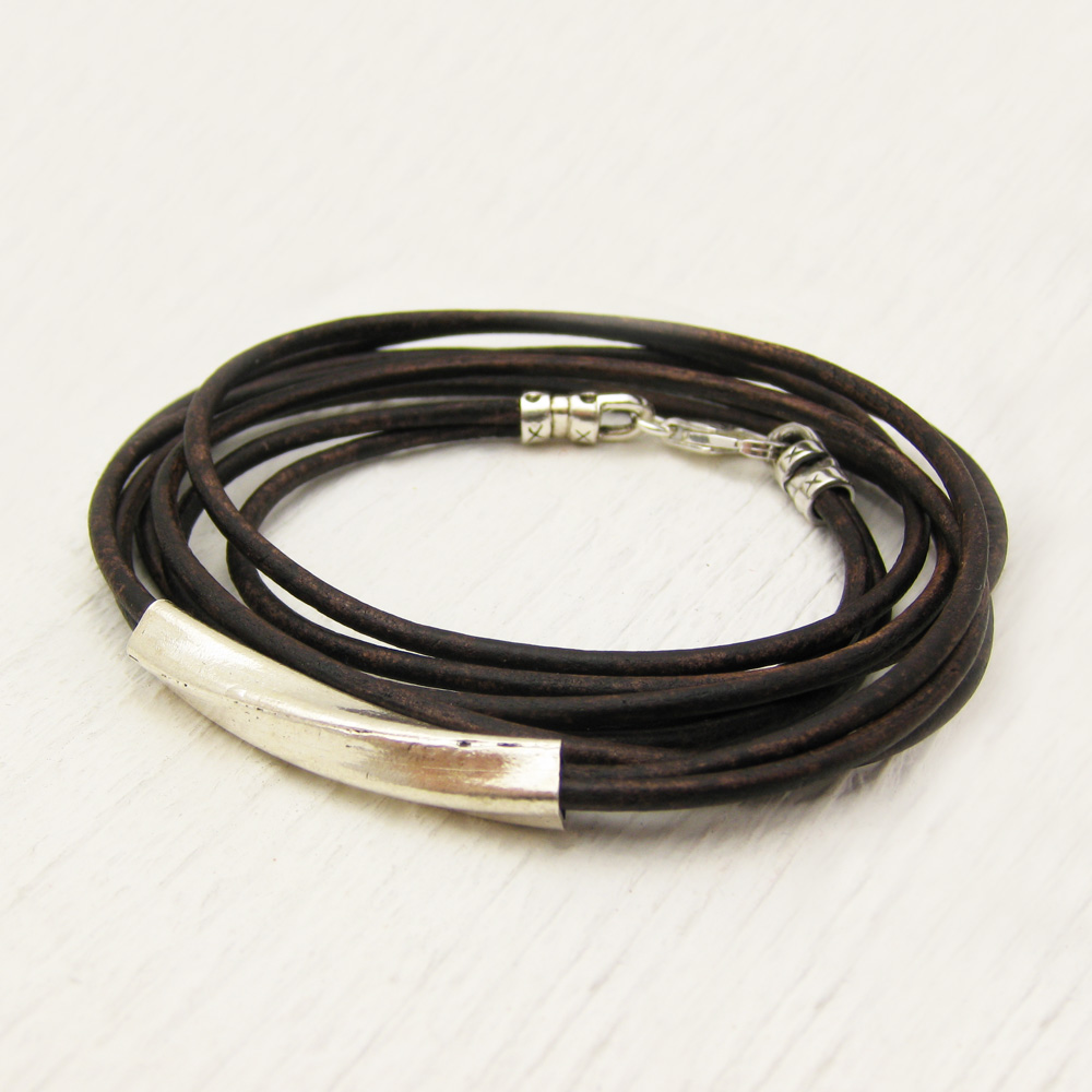 Brown Leather & Sterling Silver Boho Wrap Bracelet