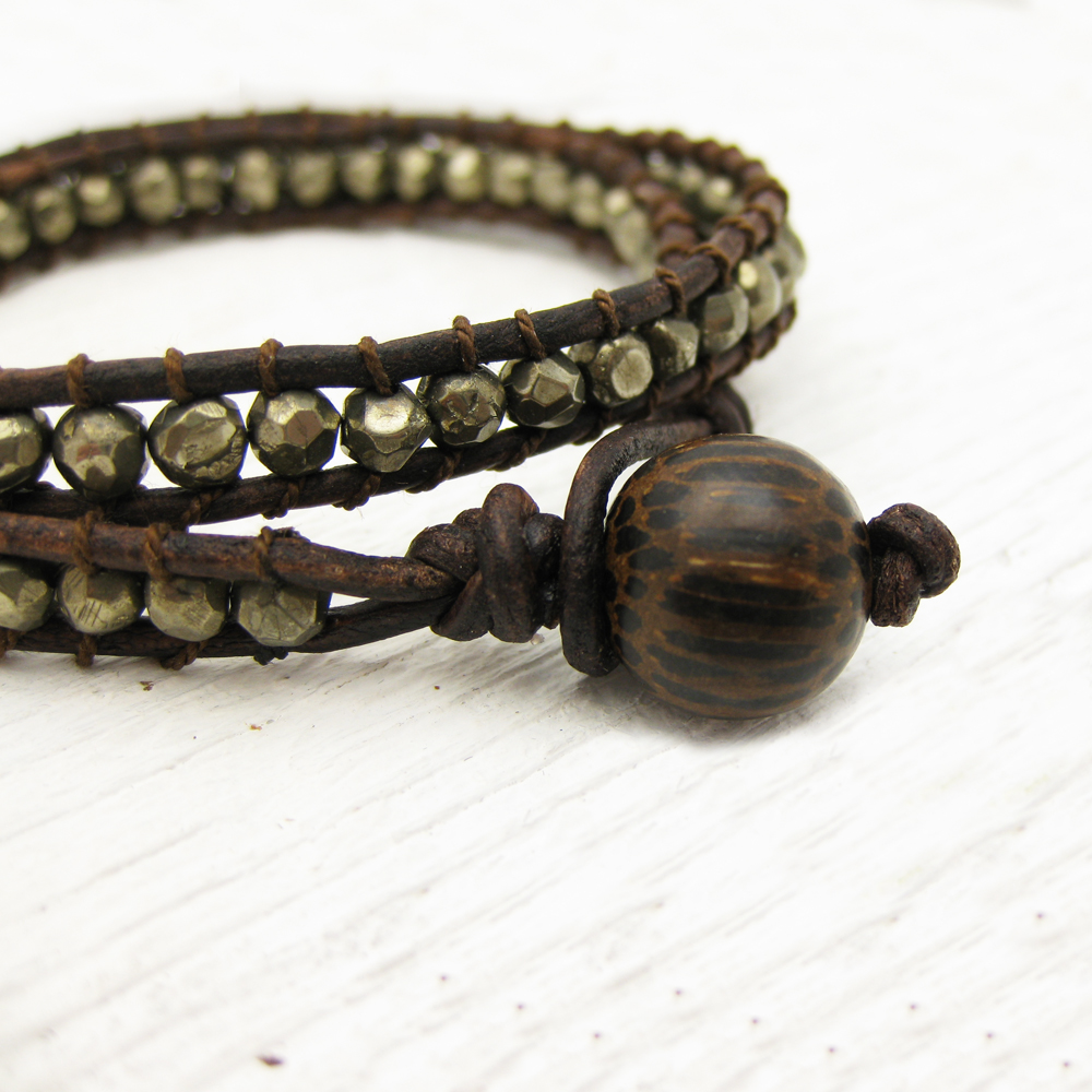 Pyrite Leather Wrap Bracelet with Coconut Wood and 100% Silk