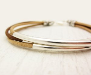 Natural Leather & Silver Bangle Bracelet