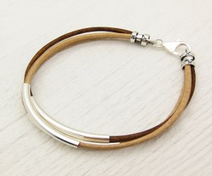 Natural Leather & Silver Bangle Bracelet