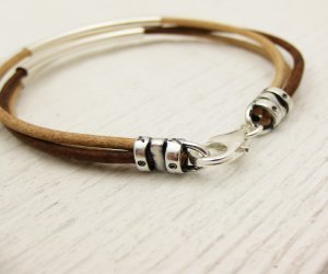Natural Leather & Silver Bangle Bracelet