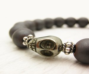 Pyrite Skull & Hematite Unisex Bracelet in Sterling Silver