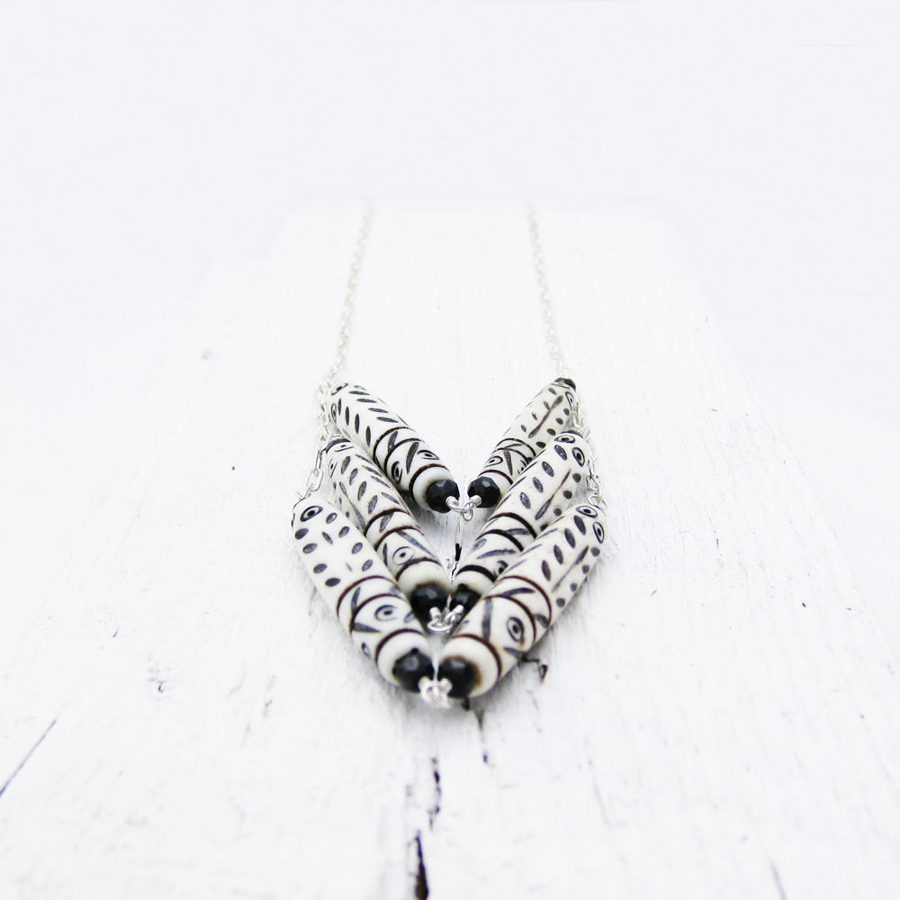 Chevron Carved Bone Spinel Necklace in Sterling Silver