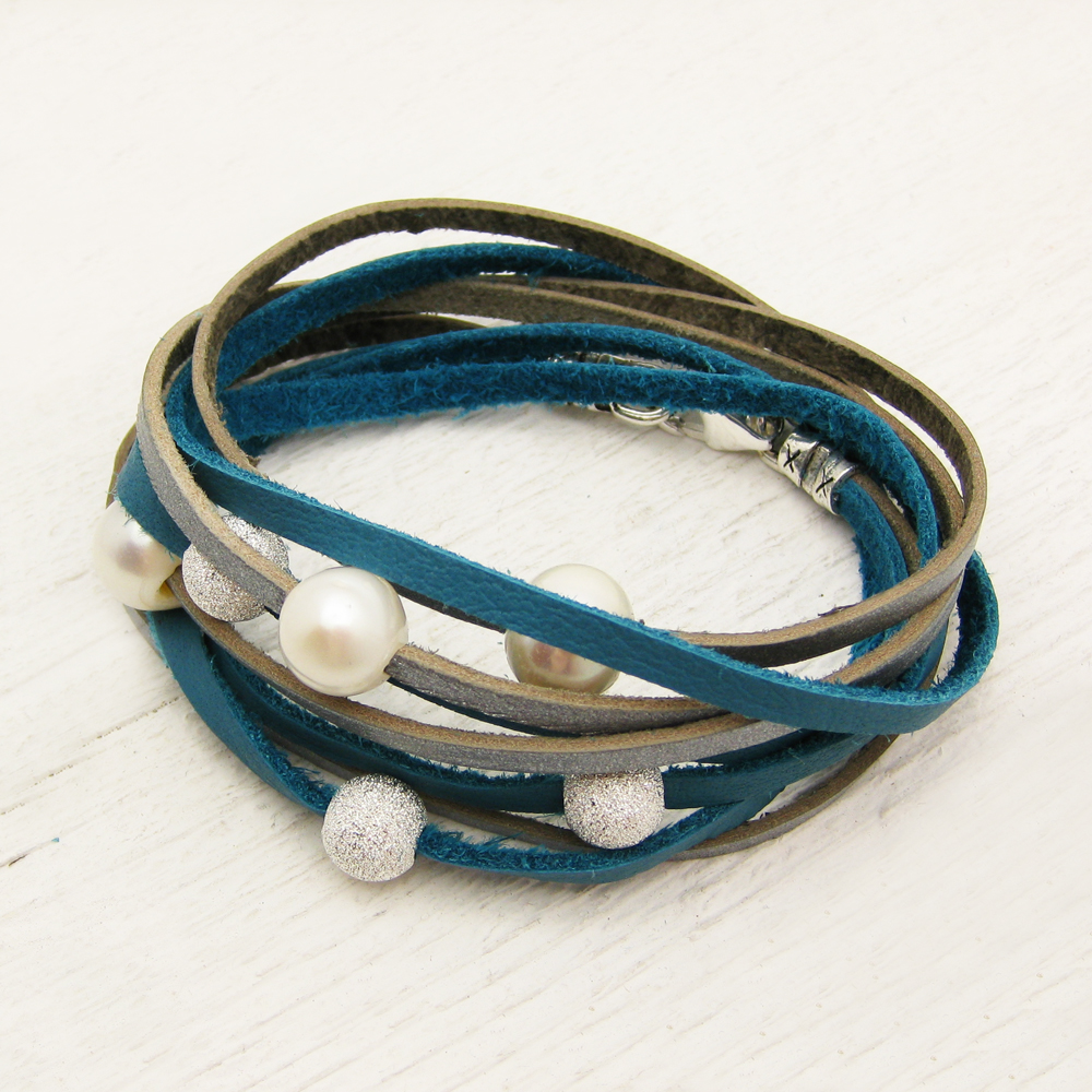 Blue Silver Pearl & Sterling Leather Wrap Bracelet