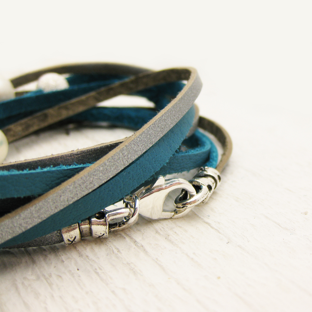 Blue Silver Pearl & Sterling Leather Wrap Bracelet