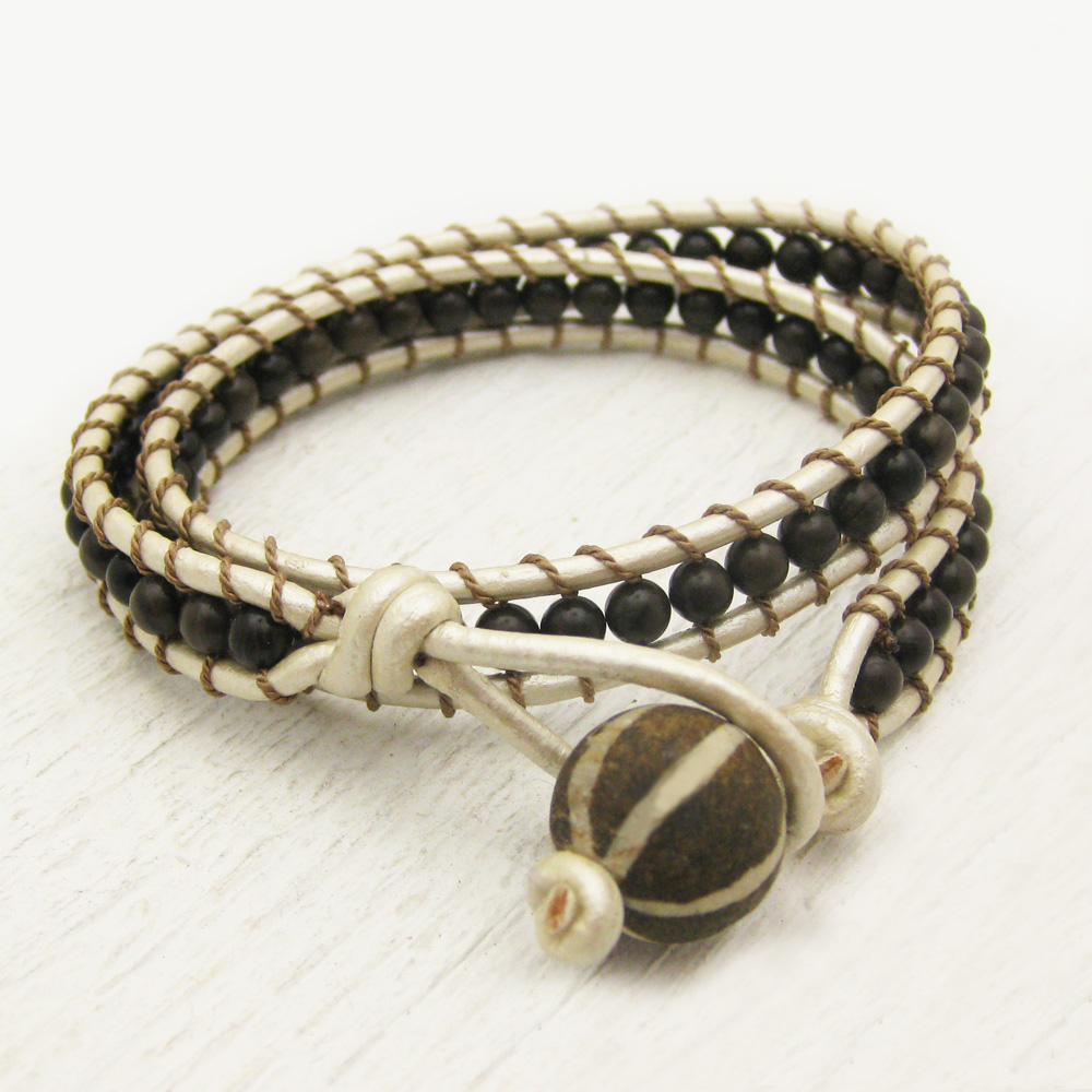 Pearl Leather Bronzite Wrap Bracelet
