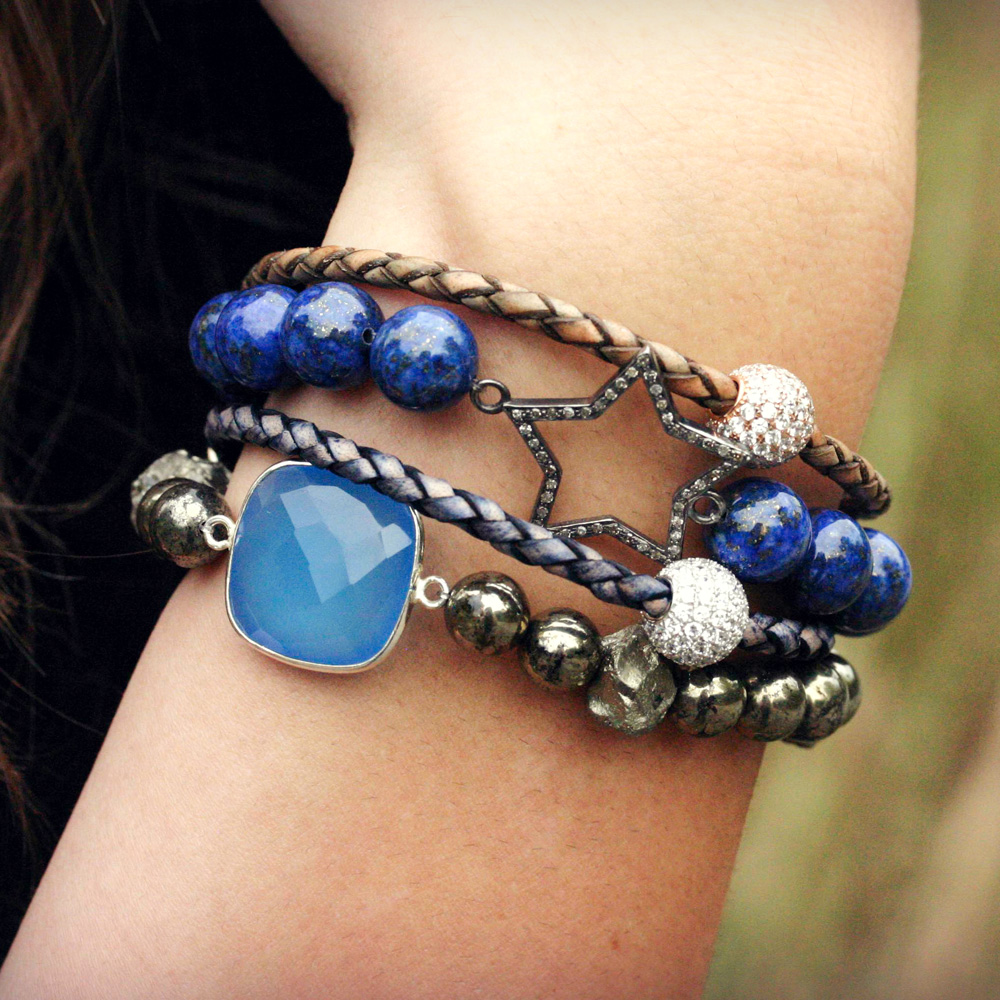 Silver Pave Blue Leather Bracelet