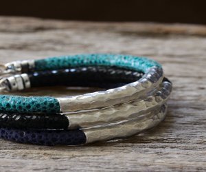 Hammered Silver Leather Bangle Bracelet : TEAL Hammered Silver Leather Bangle Bracelet : TEAL