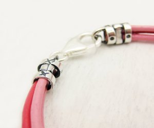 Pink Leather & Sterling Silver Tube Bangle Bracelet