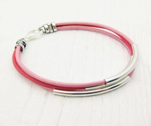 Pink Leather & Sterling Silver Tube Bangle Bracelet