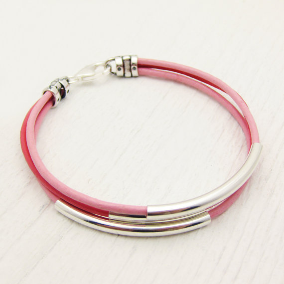 Pink Leather & Sterling Silver Tube Bangle Bracelet