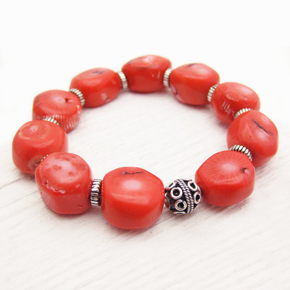 Coral Boho Statement  Bracelet with Bali Sterling Silver Beads