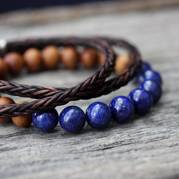 Lapis Lazuli and Sandalwood Beaded Unisex Bracelet