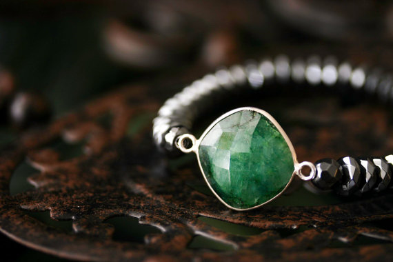 Emerald With Hematite Gemstone Beaded Bracelet